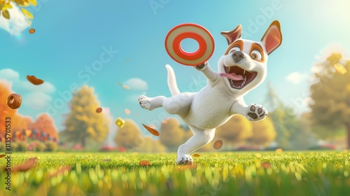 A playful 3D cartoon dog jumping up to catch a frisbee in mid-air, with exaggerated expressions of excitement and a sunny park background photo