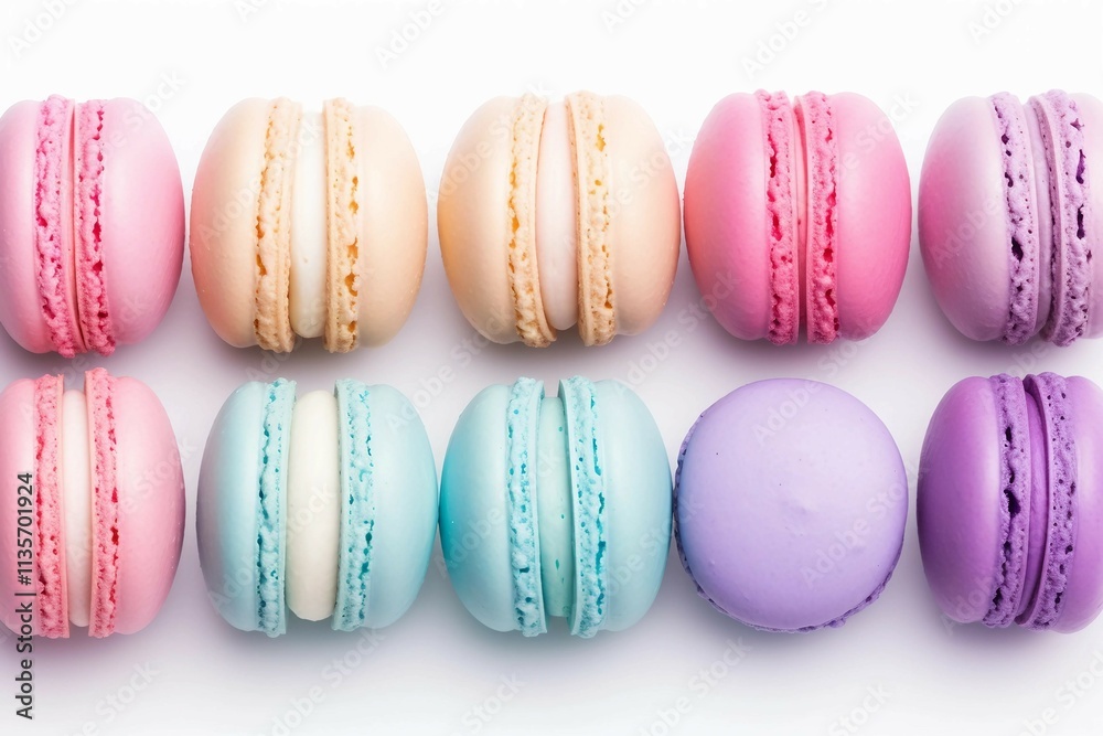 Pastel Macarons , Isolated white background, flat lay Pastel Macarons , Isolated white background, flat lay