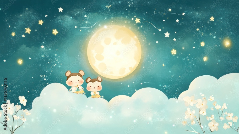 Two cute bears sitting on clouds under a full moon and starry night sky. Two cute bears sitting on clouds under a full moon and starry night sky.