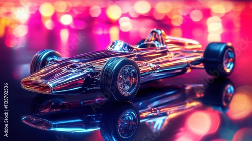 A shiny toy race car with a metallic finish, placed on a reflective surface with dynamic lighting effects photo