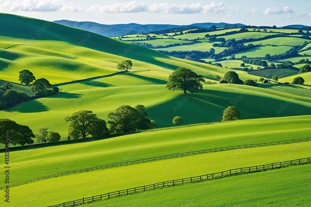 Fototapeta premium Lush Green Hills Scenic Landscape with Picturesque Pastures and Vibrant Farmland