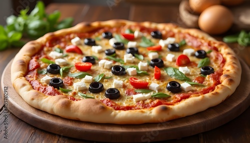 Greek Pizza on Round Wooden Board with Olives and Feta