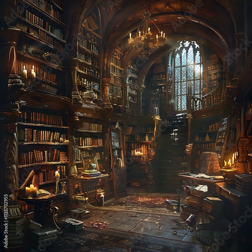 Exploring ancient knowledge enchanted library gothic mansion digital art dark atmosphere dramatic lighting photo