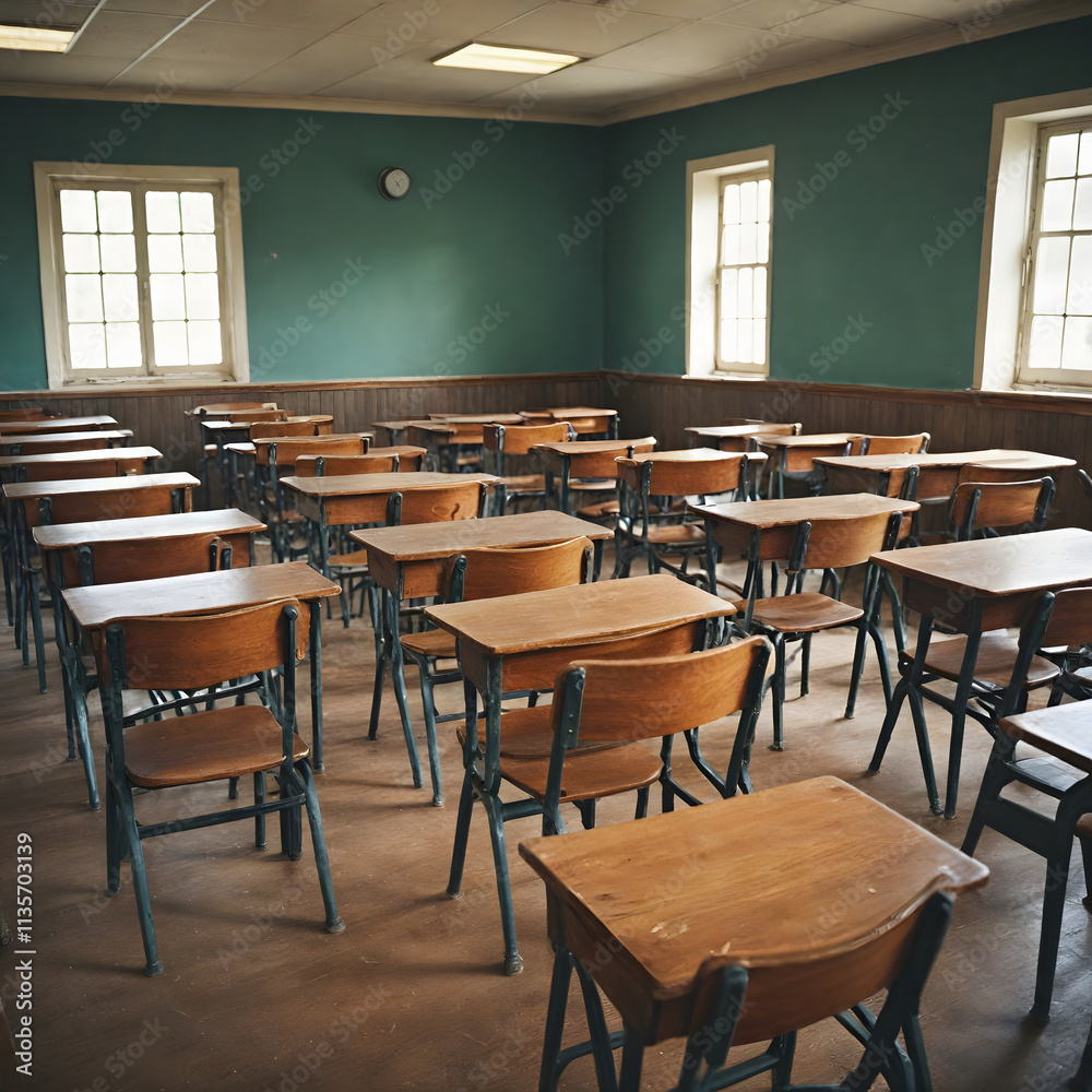 Empty classroom. Back to school concept in high school. Vintage wooden chairs and desks. Studying lessons in secondary education. Empty classroom. Back to school concept in high school. Vintage wooden chairs and desks. Studying lessons in secondary education.