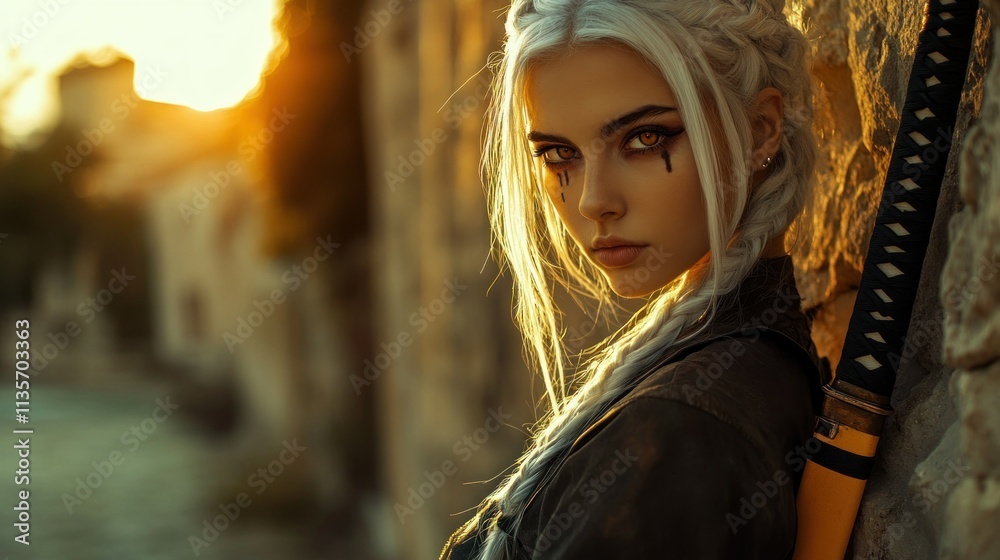 A ninja princess with white hair tied in a braid under a hood. He leaned against the stone wall, the warm light of the setting sun background wallpaper AI generated image A ninja princess with white hair tied in a braid under a hood. He leaned against the stone wall, the warm light of the setting sun background wallpaper AI generated image