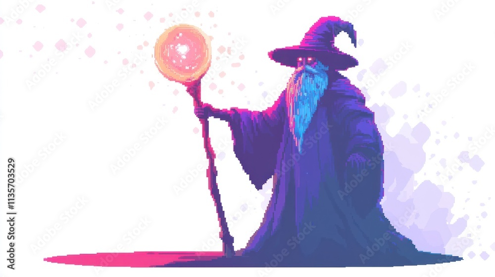 Obraz premium Pixel art wizard holding glowing staff.