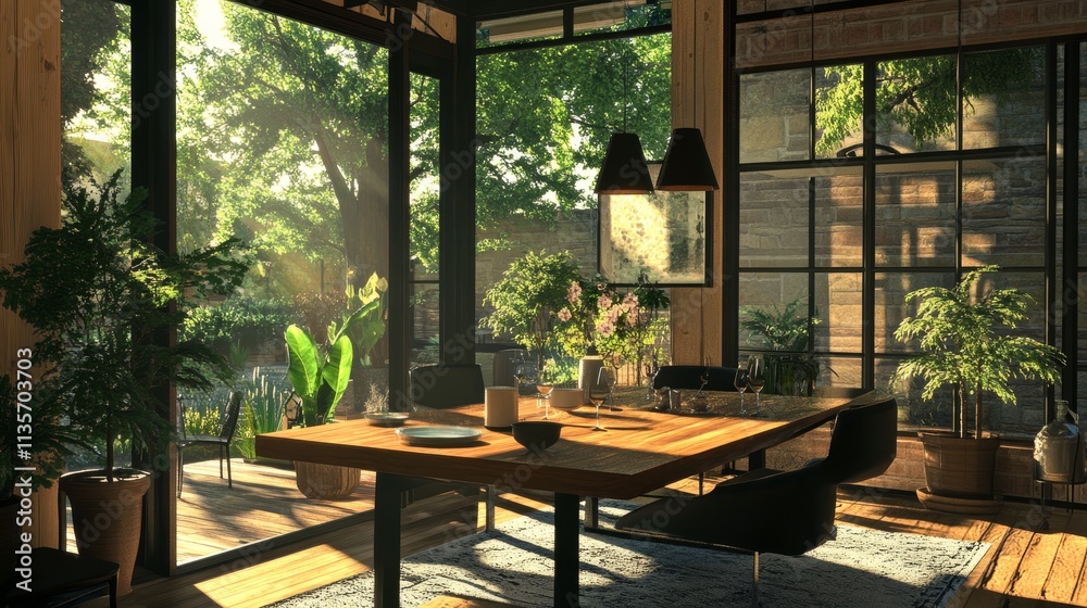 Fototapeta premium A sunlit dining area with greenery, showcasing a serene indoor-outdoor connection.