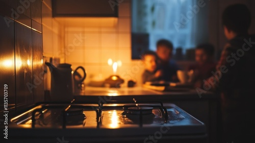 Empty stove in the kitchen, with the family under candlelight, the struggle caused by lack of gas background wallpaper AI generated image