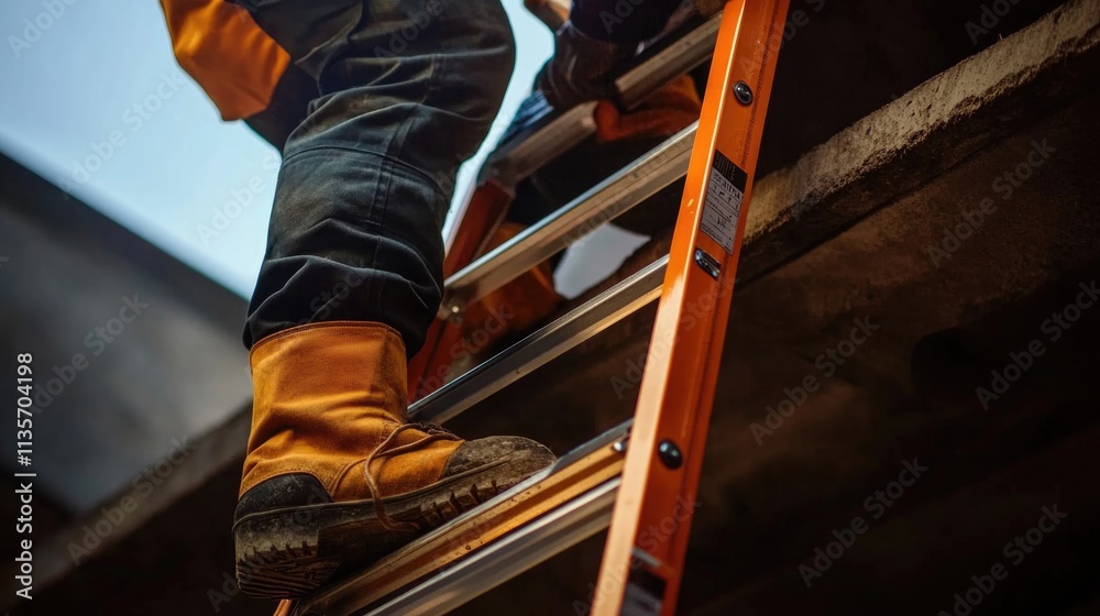 repairman worker standing on ladder close up