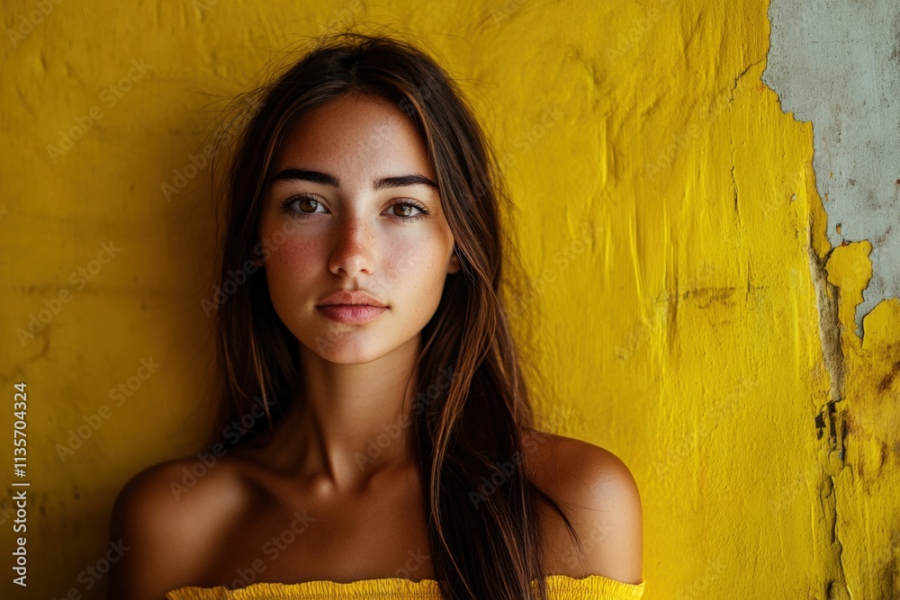 Naklejka premium Portrait of a Young Woman Against a Vibrant Yellow Wall