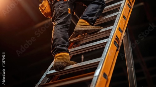 repairman worker standing on ladder close up