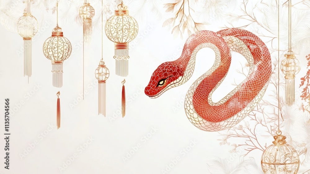 Obraz premium Happy Chinese New Year 2025,Year of the snake zodiac sign,Snake illustration and design,Asian elements gold paper cut style,Lunar new year concept,New Year card 2025.