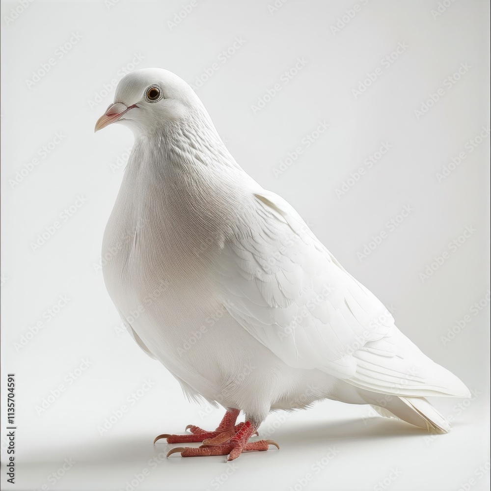 Fototapeta premium A striking white dove in flight, captured beautifully mid-air against a soft light background that emphasizes its beauty.