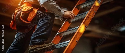 repairman worker standing on ladder close up
