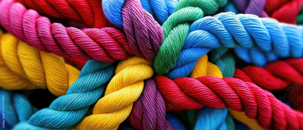 A tangled pile of coloured rope. Confusion and thought process concept