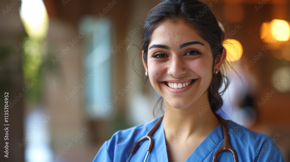 A young woman with a stethoscope around her neck smiles brightly at the camera. A young woman with a stethoscope around her neck smiles brightly at the camera.