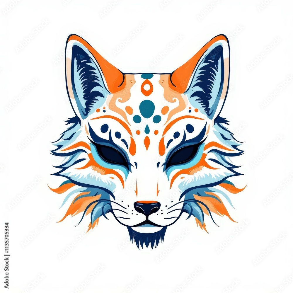 Obraz premium An artistic representation of a kitsune mask tattoo, showcasing vibrant colors and detailed features, perfect for tattoo enthusiasts and cultural art.