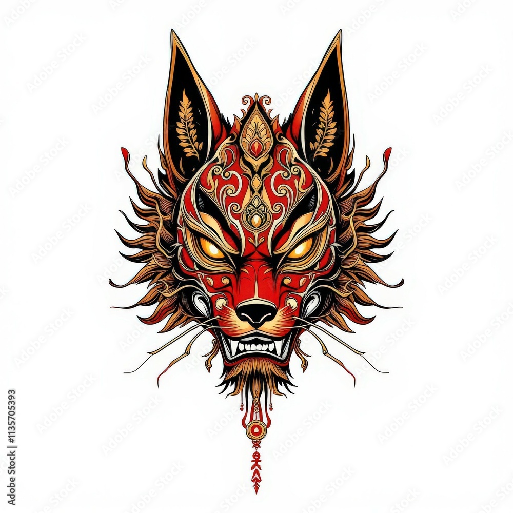 Obraz premium A striking tattoo design featuring a kitsune mask, emphasizing bold lines and vibrant colors, suitable for tattoo art and cultural expression.