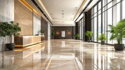 Modern interior of luxury office hall, clean shiny brown floor and green plants in lobby of commercial building. Concept of marble tile, hallway, service, company, contemporary design