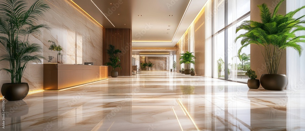 Modern interior of luxury office hall, clean shiny brown floor and green plants in lobby of commercial building. Concept of marble tile, hallway, service, company, contemporary design
