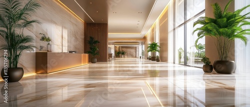 Obraz na płótnie Modern interior of luxury office hall, clean shiny brown floor and green plants in lobby of commercial building. Concept of marble tile, hallway, service, company, contemporary design w salonie