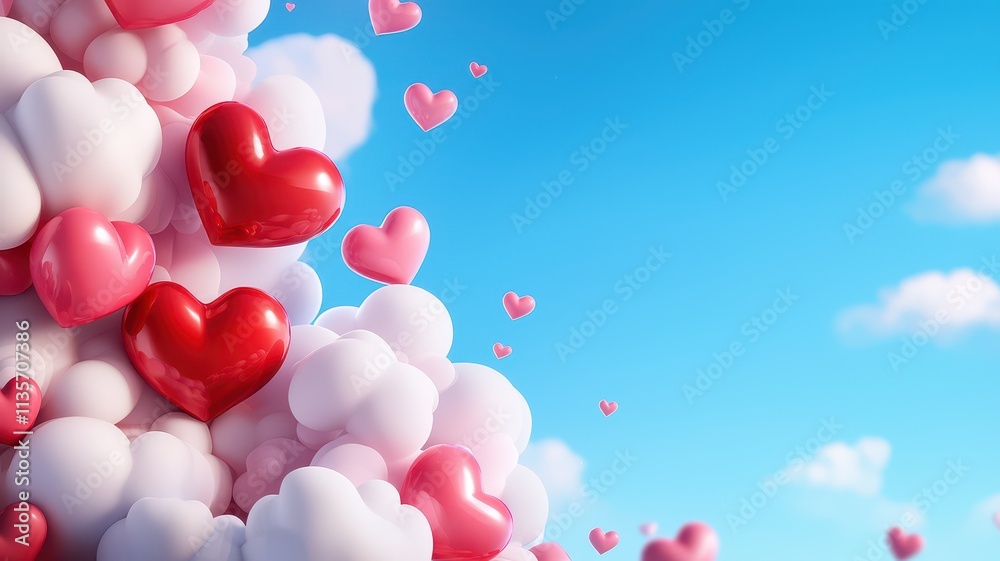 A whimsical scene featuring red and pink hearts floating among fluffy clouds against a blue sky, evoking feelings of love and joy. A whimsical scene featuring red and pink hearts floating among fluffy clouds against a blue sky, evoking feelings of love and joy.