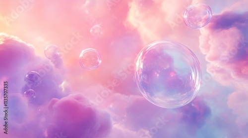 Dreamy pastel clouds with floating bubbles in