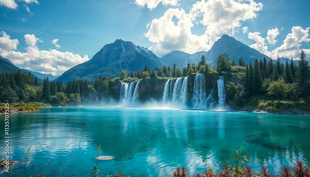 Fototapeta premium Majestic Waterfalls Flowing into Crystal Clear Blue Lake Surrounded by Mountains.