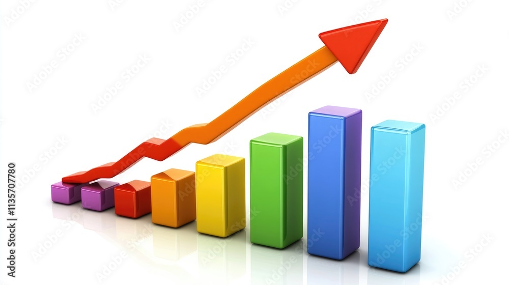 A colorful bar graph with an arrow pointing upwards, indicating growth or progress on a light background A colorful bar graph with an arrow pointing upwards, indicating growth or progress on a light background