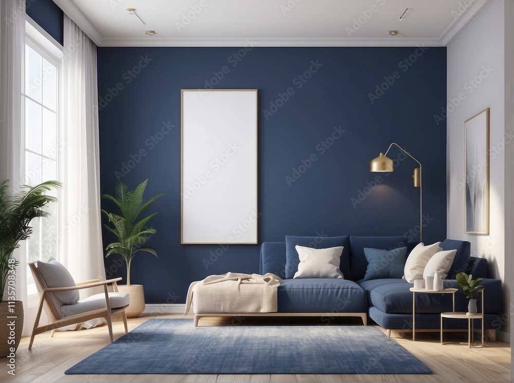 Fototapeta premium blank mock up frame in home interior background, Navy Blue room with minimal decor