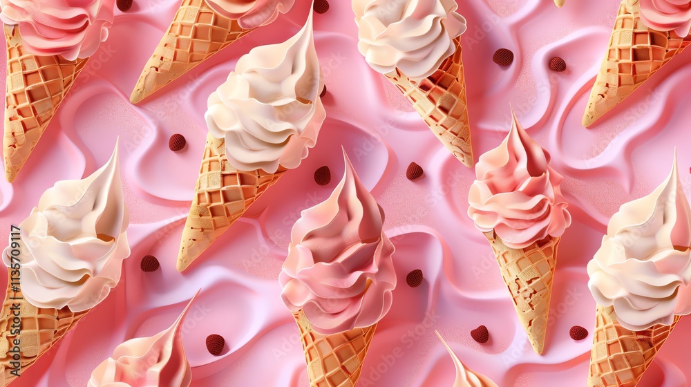 A seamless pattern of ice cream cones on a pink background. A seamless pattern of ice cream cones on a pink background.