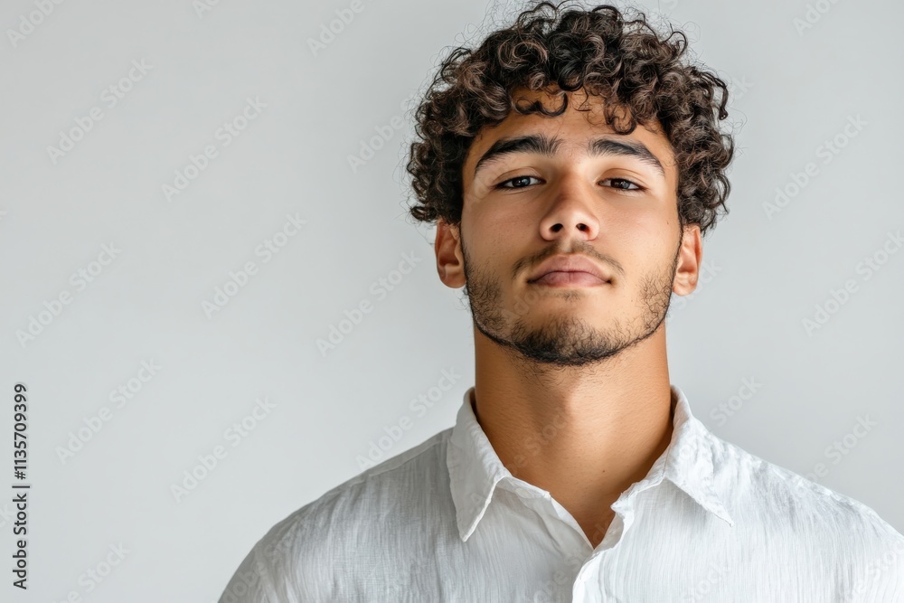 Confident Young Man with Curly Hair in Casual White Shirt Against Neutral Background Confident Young Man with Curly Hair in Casual White Shirt Against Neutral Background