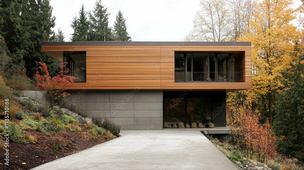 Modern house with wooden facade set in a natural landscape during autumn. Modern house with wooden facade set in a natural landscape during autumn.