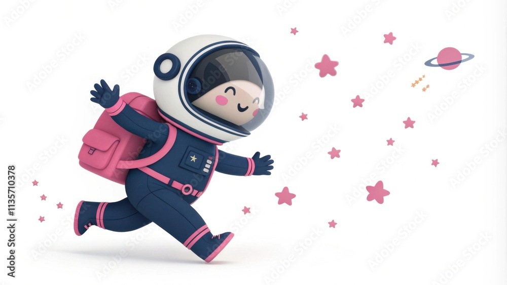 Fototapeta premium A cheerful child in a space suit joyfully runs with a pink backpack, surrounded by stars and a planet, embodying a whimsical space adventure.