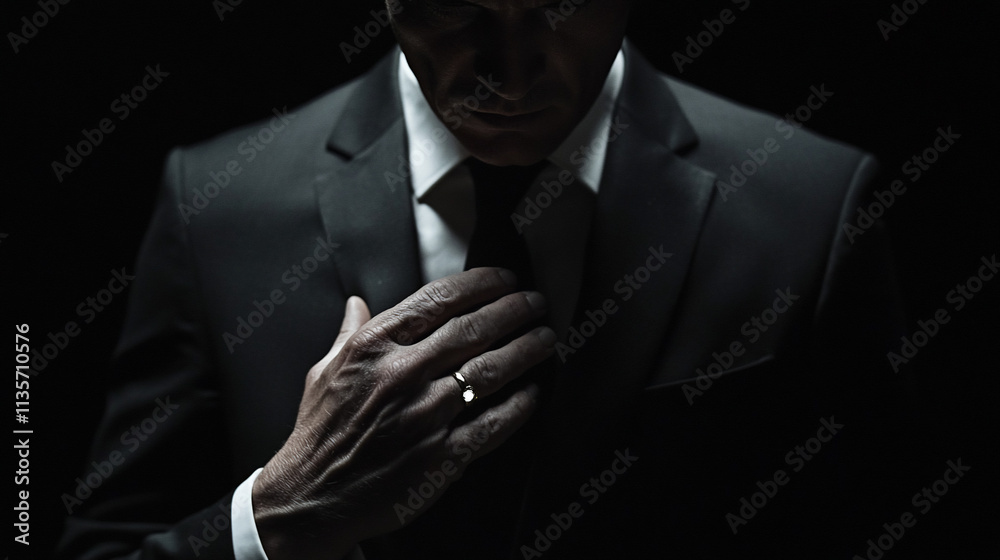 Man in suit adjusting tie, dark background. Man in suit adjusting tie, dark background.