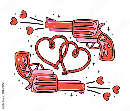 Cute Retro Cowboy Western Valentine Lasso Heart and Guns Hand Drawn Bold Design