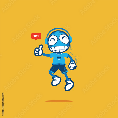 Flat Mascot Cartoon Character. Enjoy Listening Music Vector