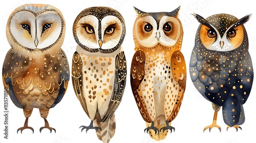 Four beautifully illustrated owls, showcasing varied colors and patterns, stand side by side, highlighting their unique features and charm. photo