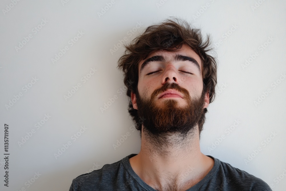 Obraz premium Relaxed Young Man with Beard and Closed Eyes in a Calm Setting