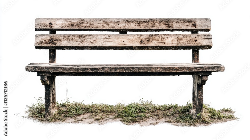 A solitary wooden bench with a weathered finish, nestled in a tranquil natural park, isolated on a white backdrop A solitary wooden bench with a weathered finish, nestled in a tranquil natural park, isolated on a white backdrop