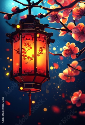 Enchanted Chinese Lantern with Blooming Spring Flowers