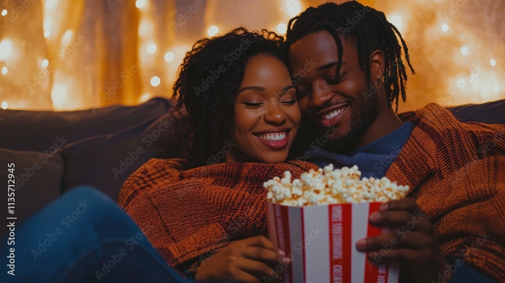 A couple watching a romantic movie together on the couch, wrapped in a blanket and sharing popcorn. A couple watching a romantic movie together on the couch, wrapped in a blanket and sharing popcorn.