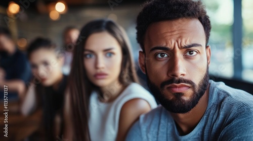 A couple with unhappy expressions while observing other couples getting along.