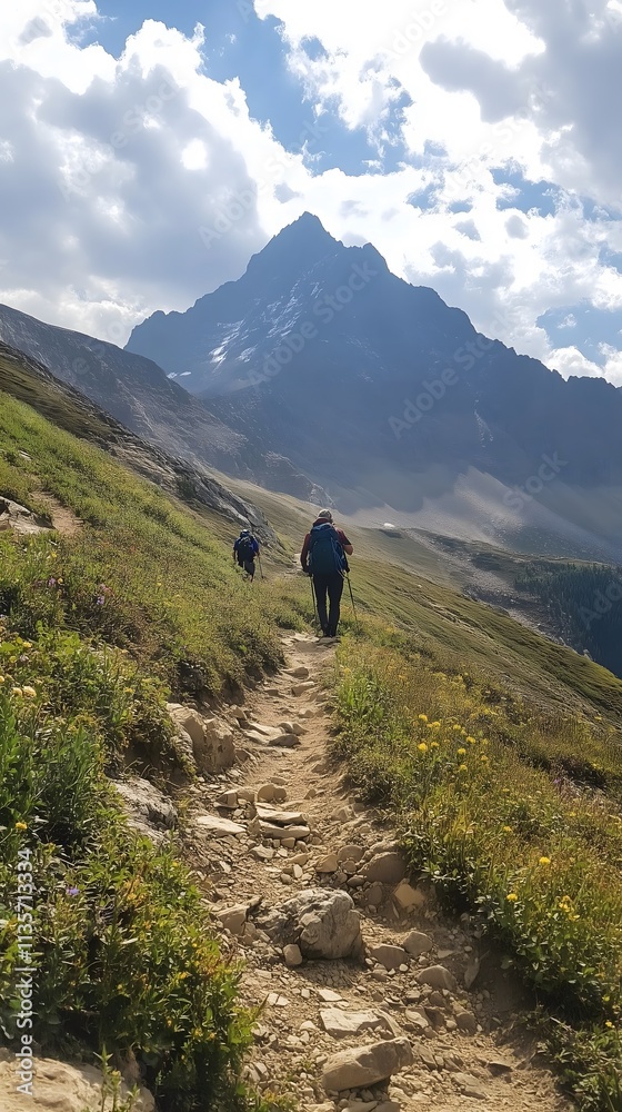 Hikers traverse a rocky path lined with vibrant wildflowers, surrounded by majestic mountains under a bright sky. The scene captures the essence of adventure and nature's beauty. Hikers traverse a rocky path lined with vibrant wildflowers, surrounded by majestic mountains under a bright sky. The scene captures the essence of adventure and nature's beauty.