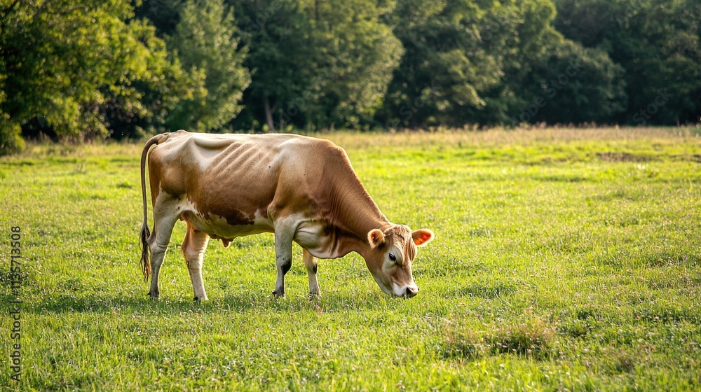 A cow grazing peacefully in a green pasture. A cow grazing peacefully in a green pasture.