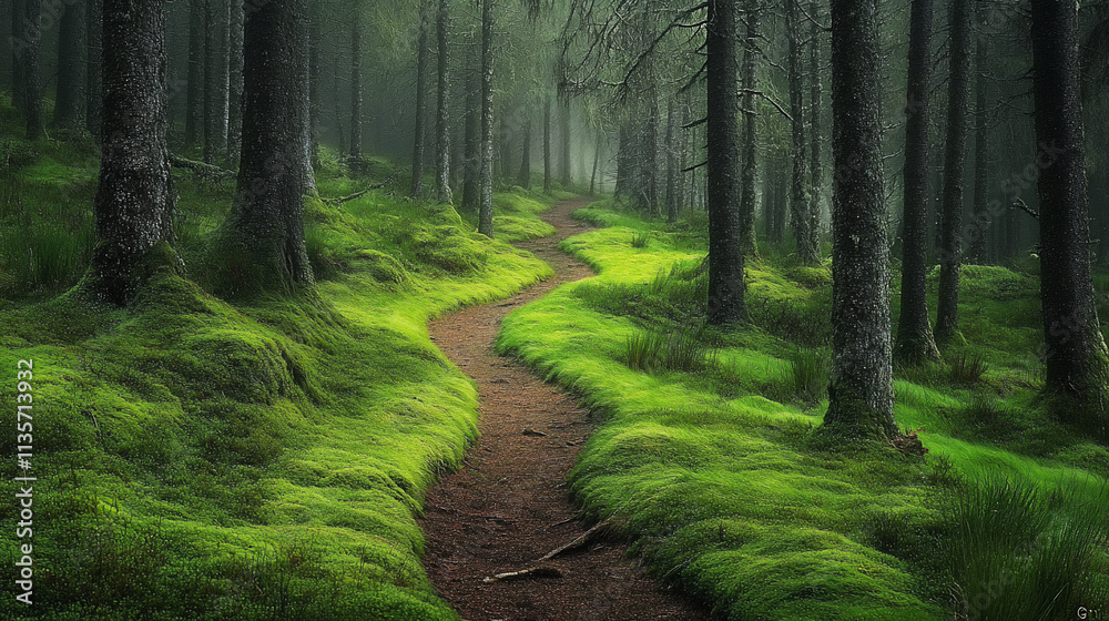 Obraz premium Misty forest path winding through lush moss.