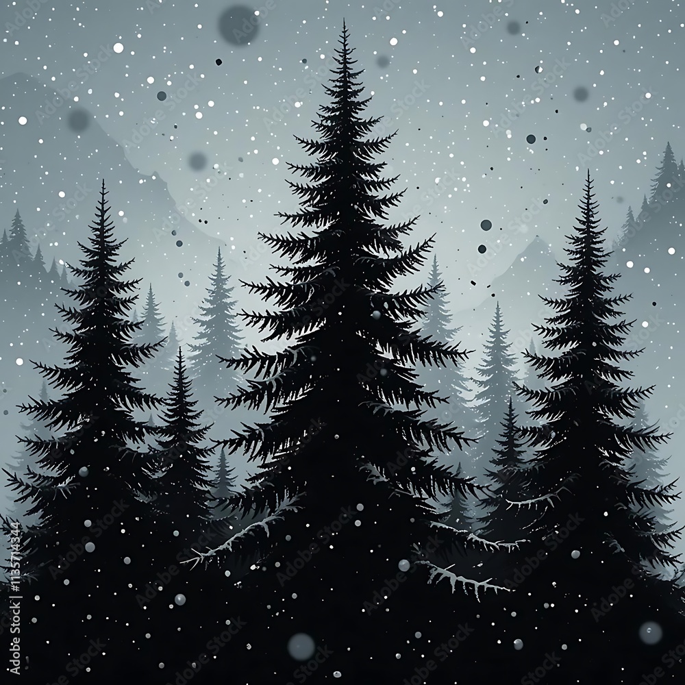 Obraz premium Silhouettes of evergreen trees with snow falling