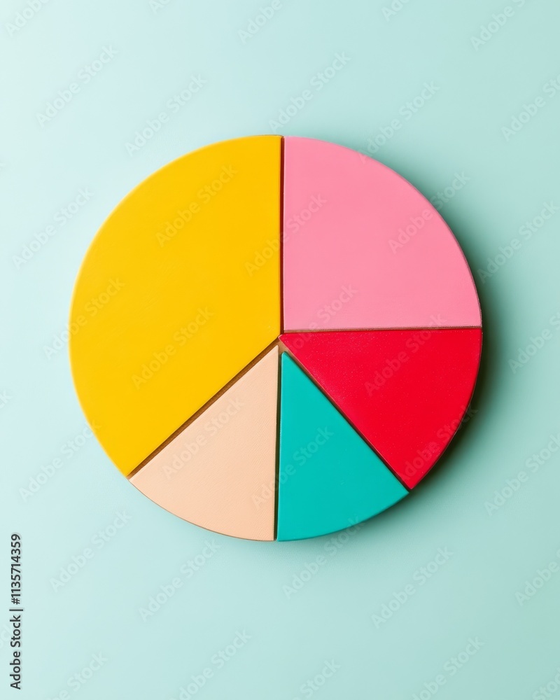 A colorful pie chart with five sections sits against a teal background, representing data or percentages visually. A colorful pie chart with five sections sits against a teal background, representing data or percentages visually.
