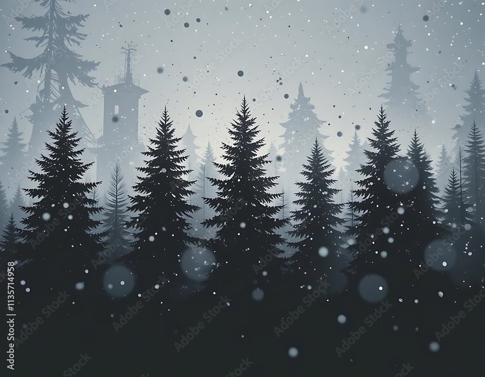 Fototapeta premium Silhouettes of evergreen trees with snow falling 
