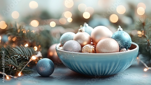 A decorative ceramic bowl filled with metallic ornaments in pastel shades, surrounded by a garland of pine branches and fairy lights. photo